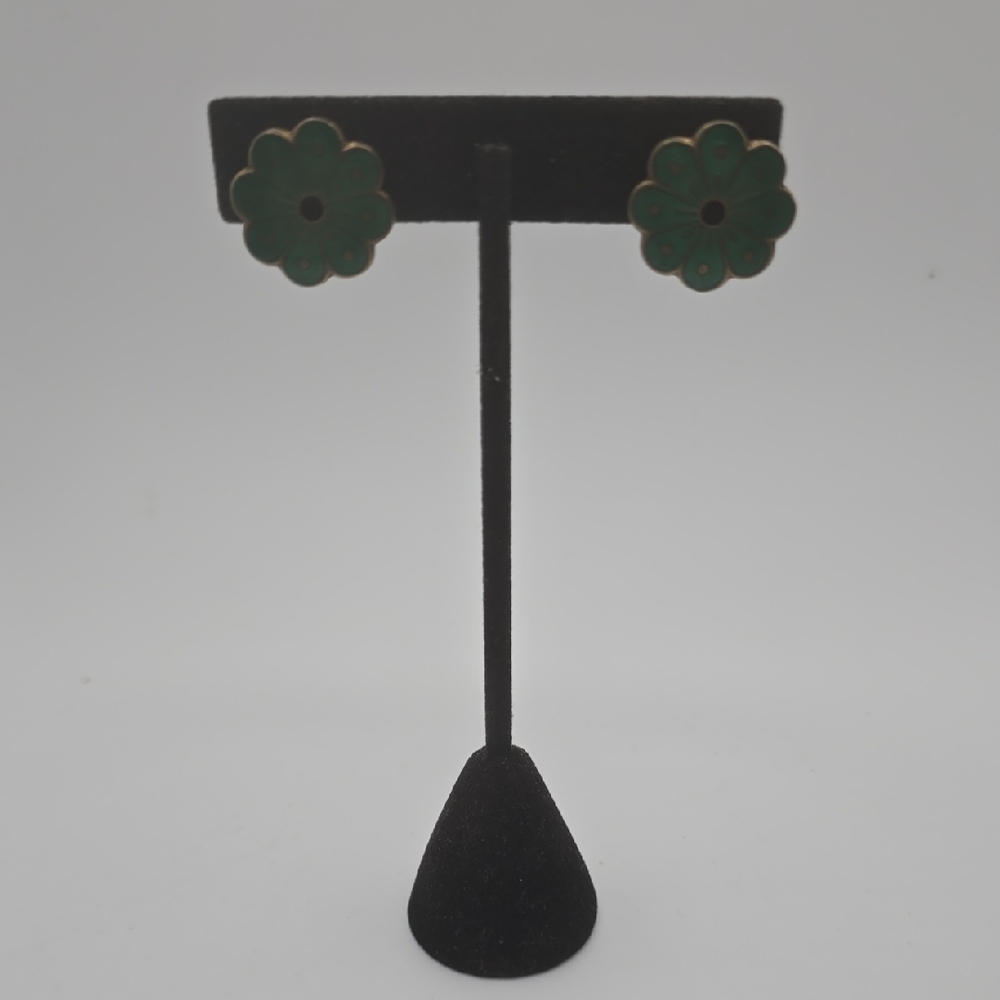 Vintage David Anderson Sterling Silver Enamel Green Floral Norway ClipOnEarrings